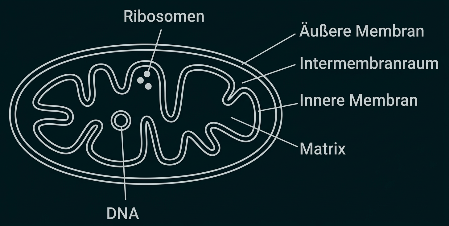 Schematische Darstellung eines Mitochondriums mit äußerer und innerer Membran, Intermembranraum, Matrix, DNA und Ribosomen.